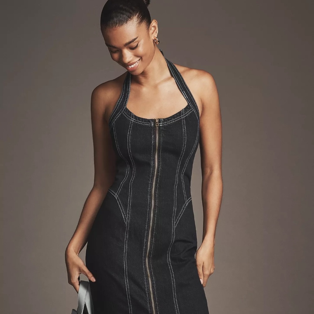 Anthropologie Pilcro Front-Zip Halter Denim Midi Dress in Dark Denim NWT XXS